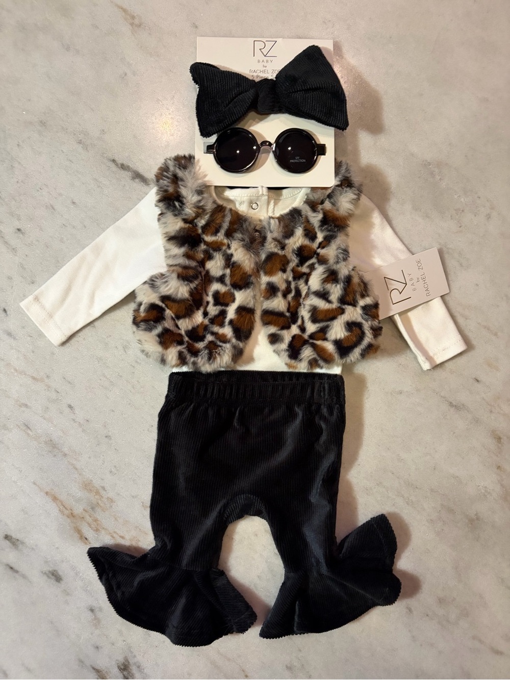 Rachel Zoe Kids Leopard Faux-Fur Vest with Black Ruffle Pants & Black Bow